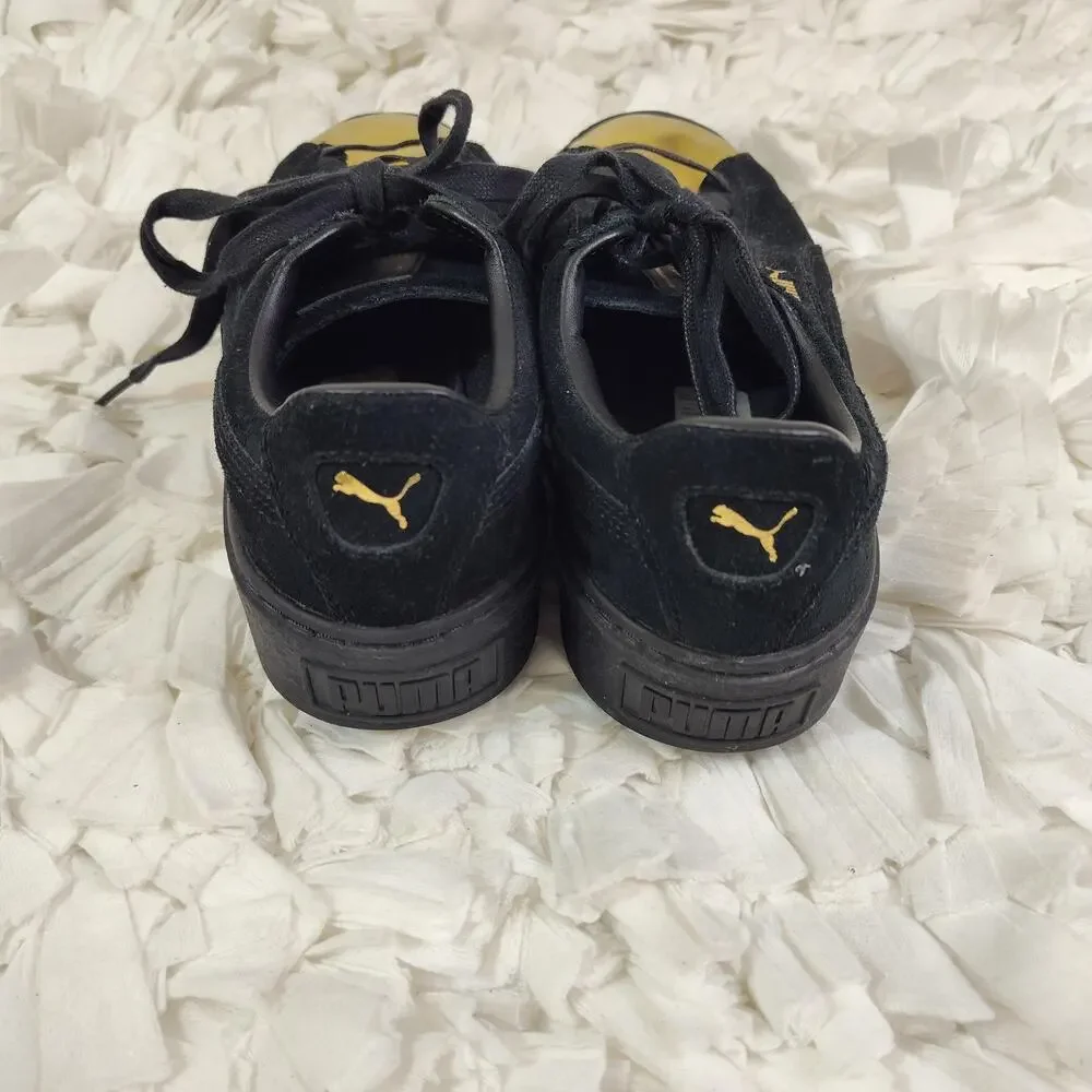 Puma Basket Low Top Shoes Womens Size 8.5 Black Suede Gold Metallic Toe Cap